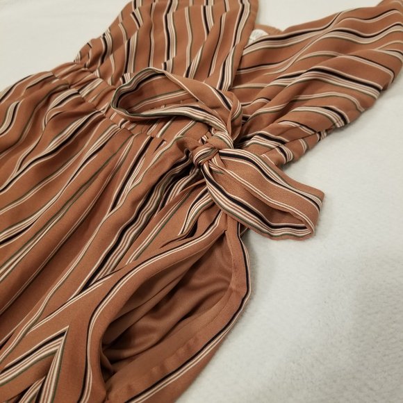 Sienna Sky Long Romper Pinstriped Nude Pink Wide Leg, Tie Waist, Flowy, Wrap Top - Picture 6 of 11
